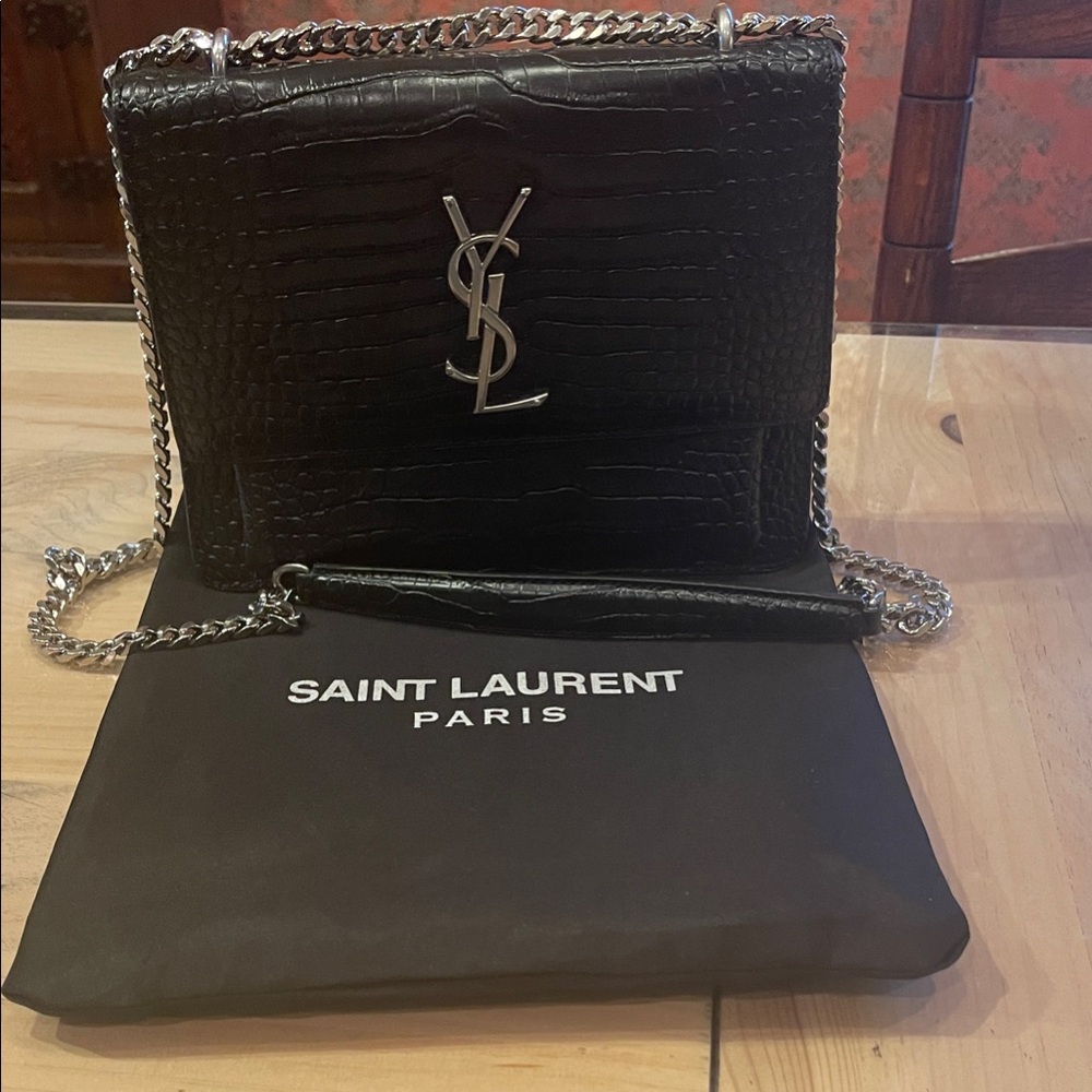 Black Croc-Embossed Shoulder Bag with Silver Accents